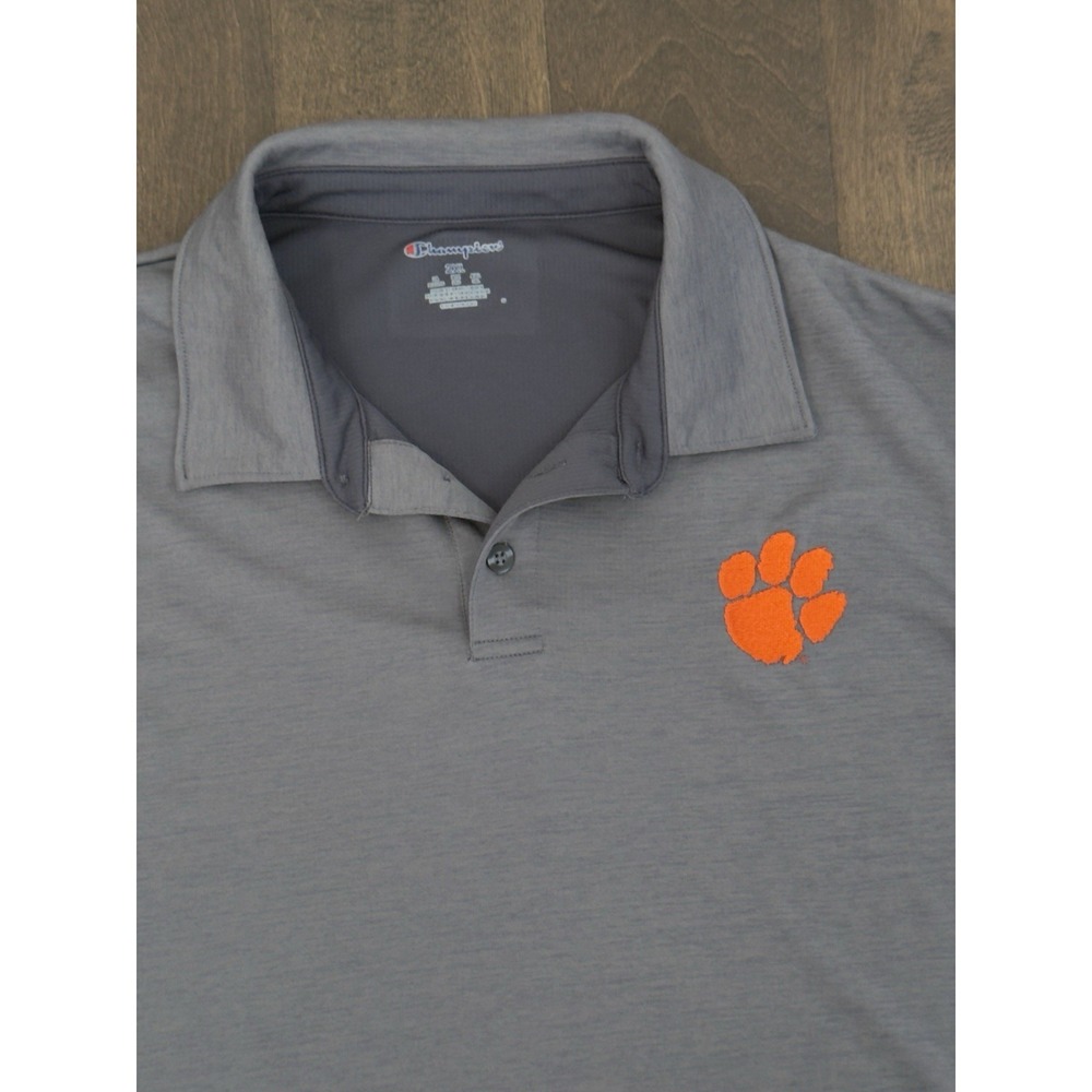 Champion Clemson Tigers Football Mens Short Sleeve Grey Polo Shirt Size 2XL Logo - Picture 1 of 7